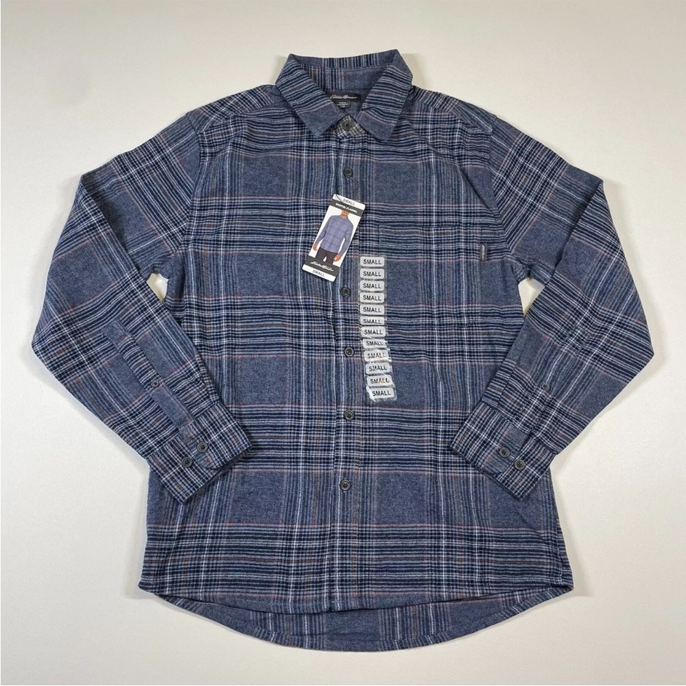 Eddie Bauer Shirt Men’s Small Chambray Blue Bristol Plaid Flannel Button Up NEW